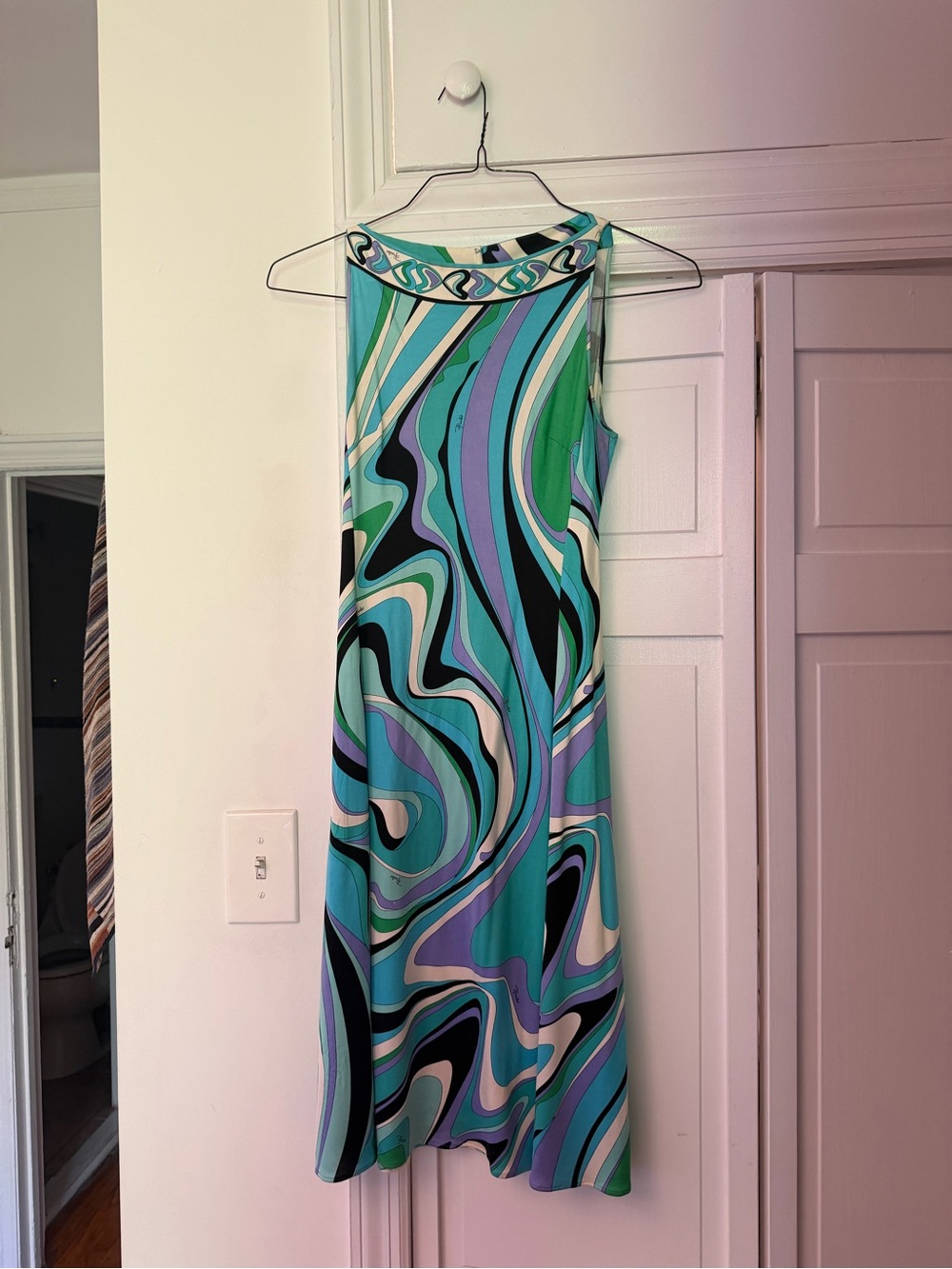 Emilio Pucci Swirl Print Mini Dress in Teal, Lavender & Black